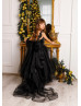 Black Lace Appliques Tulle Flower Girl Dress With Train